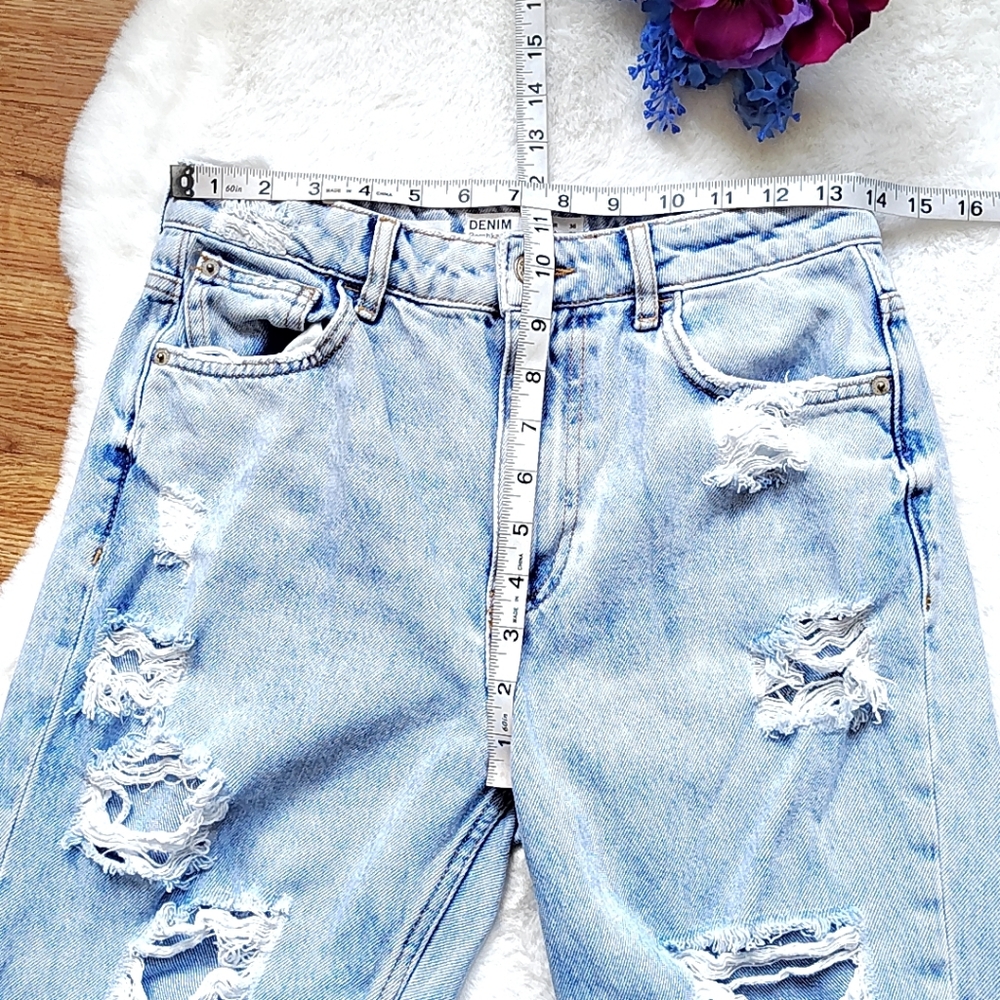 Mom Jeans Bershka High Rise Destroyed Ripped Distressed Denim - Picture 7 of 11